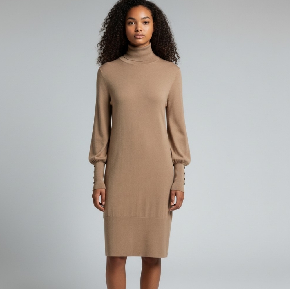 Melanie Lyne Camel Turtleneck Sweater Knit Dress Gold Button Cuff Size Small